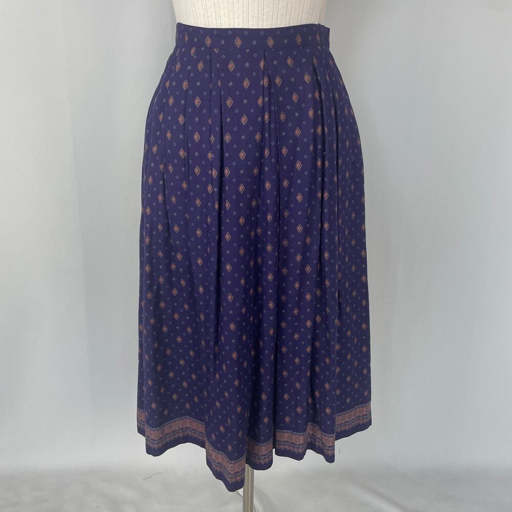 Vtg Midi Skirt Size 10 Purple Patterned A Line Pleated Preppy Retro Academia 80s